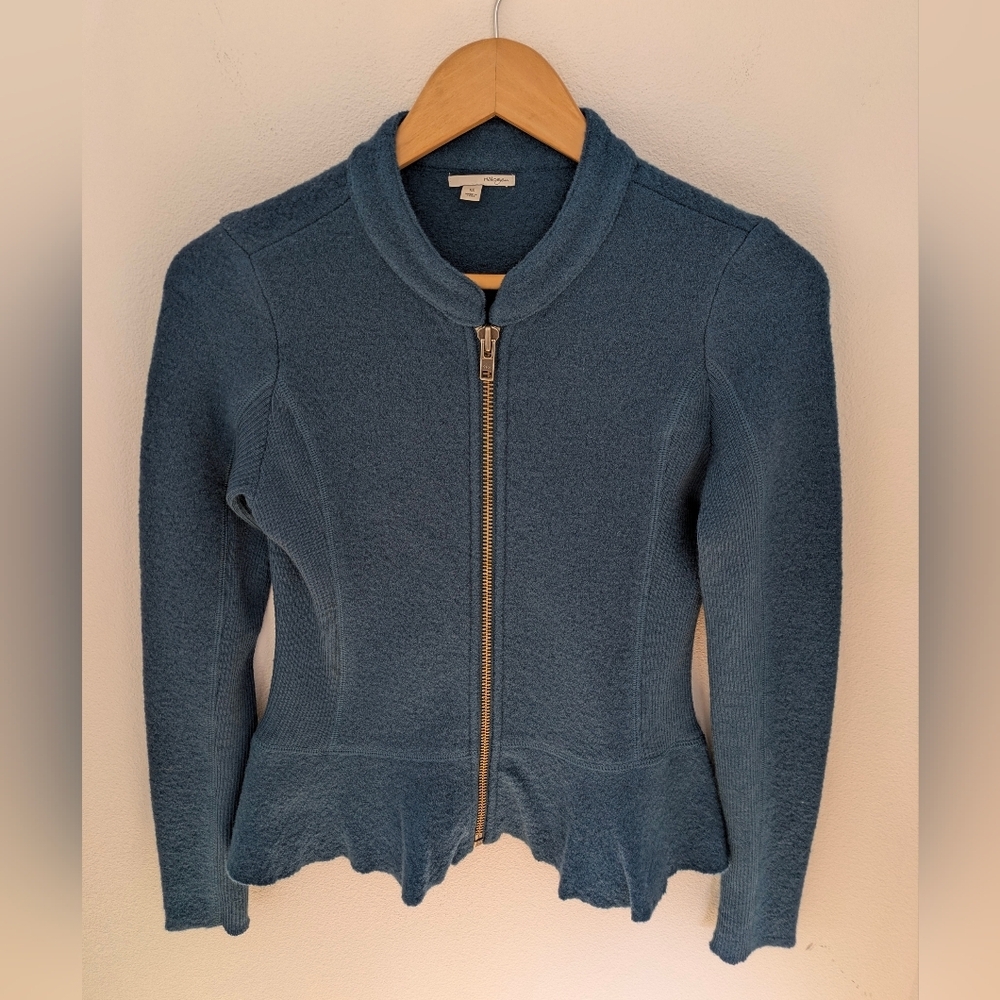 Halogen Nordstrom Women’s Petrol Peplum 100% Merino Wool Zip Up Jacket Sz XS EUC - Picture 2 of 16